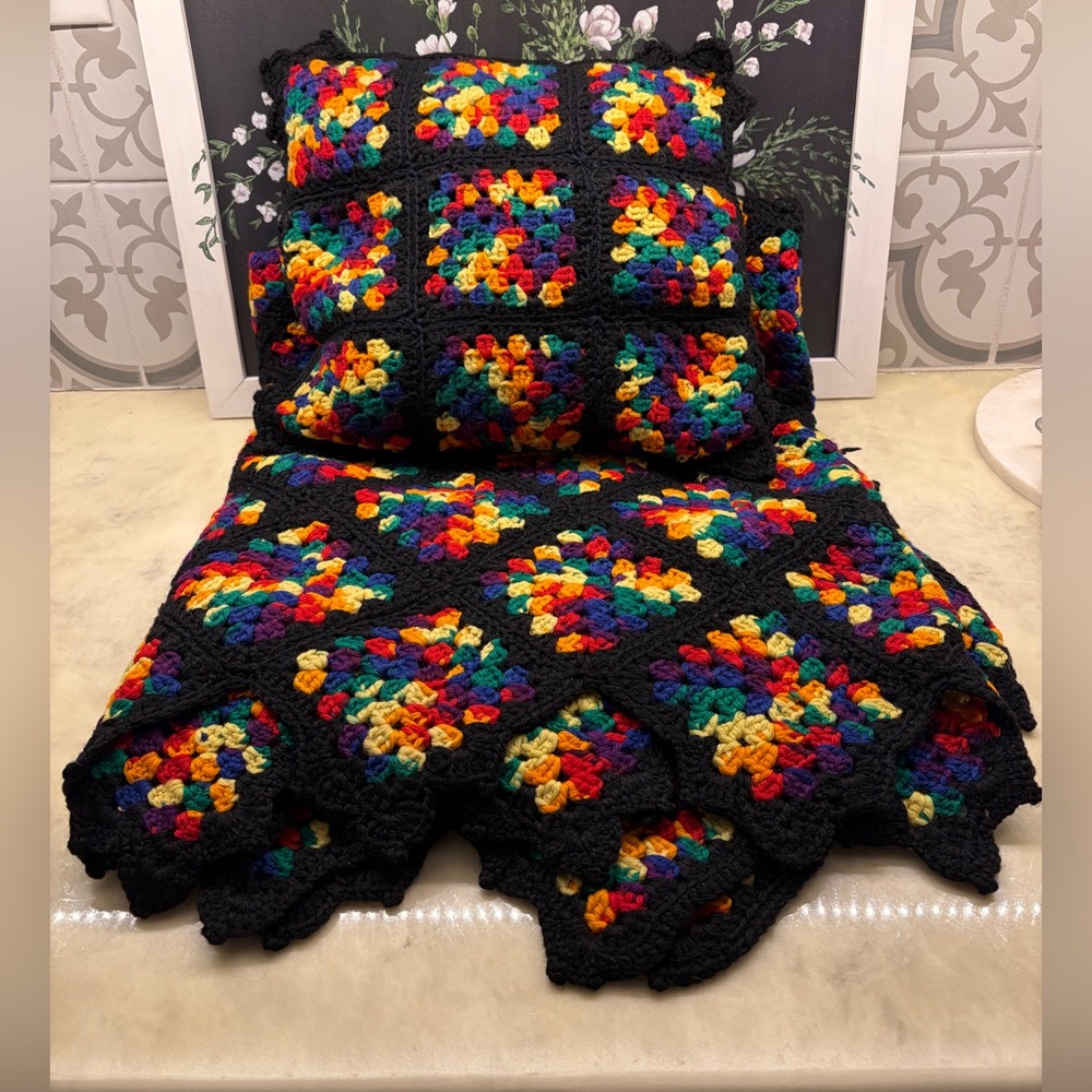 Vintage Granny Square Crocheted Blanket and Pillow- Black and Rainbow
